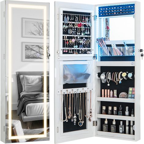 COSTWAY 108cm Jewelry Mirror Cabinet Lockable Jewelry 3-Color LED Lights-White (1/5)