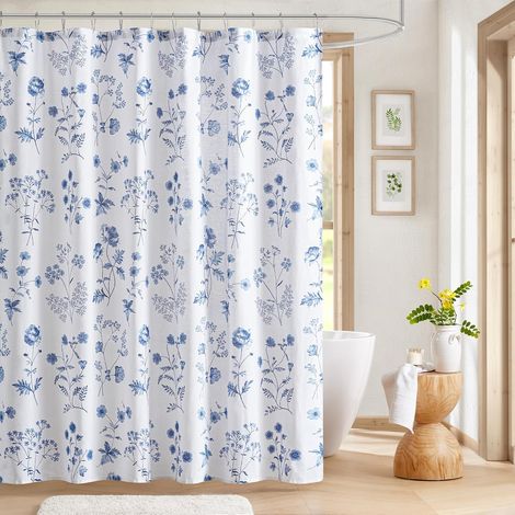 Rideau De Douche - Coton - Imprimé Botanique Floral - 180 x 180 cm - Bleu (1/5)
