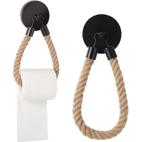 1 unidad de soporte de papel higiénico de pared con cuerda, portarrollos de papel higiénico, dispensador de papel higiénico de madera vintage de pared en metal y cuerda de cáñamo (negro) (1/4)