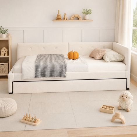 Cama nido 90x200 cm tapizada en terciopelo beige con cama extraíble, somier y cabecero, estilo minimalista para dormitorio o salón, sin colchón, de CHICFURN (1/5)