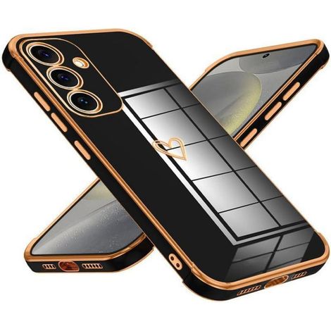 Coque pour Samsung Galaxy S24 Plus, motif cœur, galvanisée, protection caméra, TPU souple, ultra fine, antichoc, noir (1/5)
