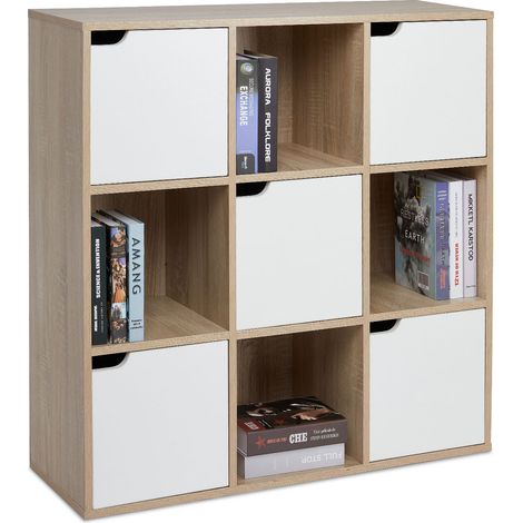 Mondeer – Bibliothèque étagère de rangement 9 compartiments – 4 ouverts et 5 avec portes – Panneau de particules E1 – 90 x 30.3 x 90 cm – Chêne et blanc