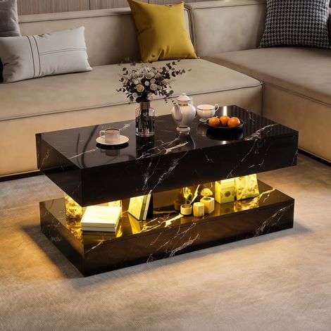 Table basse LED effet marbre noir brillant 100x50x45 cm, table basse de salon avec 2 tiroirs cachés et grand rangement ouvert, meuble de salon moderne