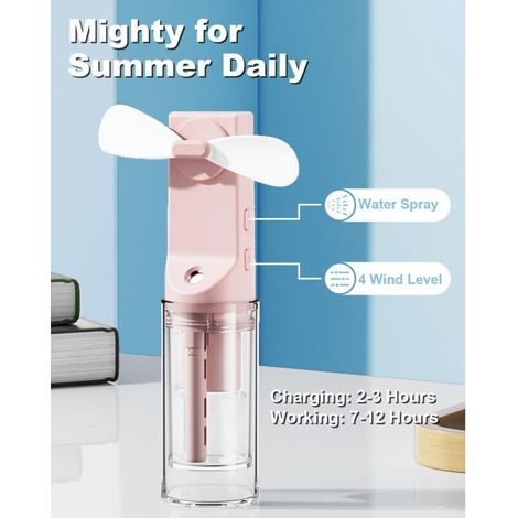 Ventilateur brumisateur portable, rechargeable, réglable sur 4 niveaux, idéal pour les voyages, le bureau et le camping (rose) (1/3)