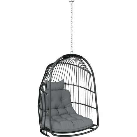 Outsunny Hanging Egg Chair, Foldable Rattan Garden Swing Chair with Installation Kit, Thickened Cushion and Headrest, Indoor Outdoor Hanging Egg Basket Seat for Patio, Porch, Dark Grey