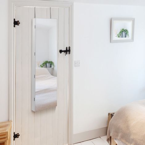 COSTWAY Schmuckschrank mit LED Beleuchtung, Schmuckregal haengend mit Spiegel, abschliessbar mit Schluesseln, 120 cm hoch weiss (1/5)