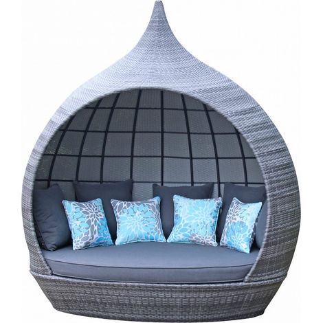 Signature Weave Pearl Wicker Round Garden Day Bed Sun Lounger Roof Shade Grey