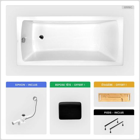 Baignoire rectangulaire - 170 x 70 cm - sans Habillage - avec Pieds - Repose-tête - Étagère bambou - Vidage Chrome - OPTIMA (1/5)