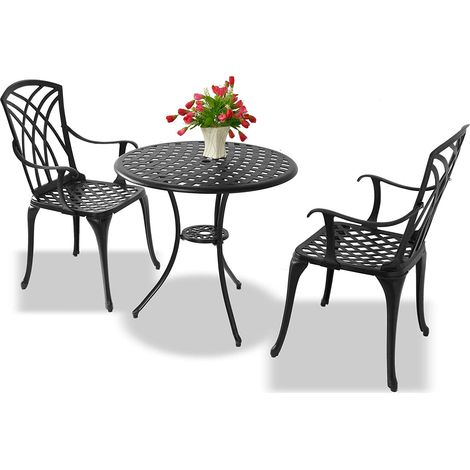 Homeology OSHOWA Cast Aluminium Weatherproof Outdoor Table with 2 Chairs Bistro Set Black (1/5)