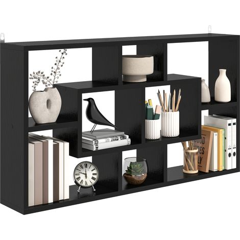 HOMCOM estante de pared decorativo, estantería para libro, CDs, baldas flotantes con 8 cubos, 85x14,5x47,5 cm, carga 20kg, negro