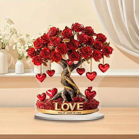Arbre À Roses - Décoration En Acrylique Plate Pour Table - Motif Cœur Et Mot « Love » - Idéal Pour La Saint-Valentin - 1 Pièce (1/5)