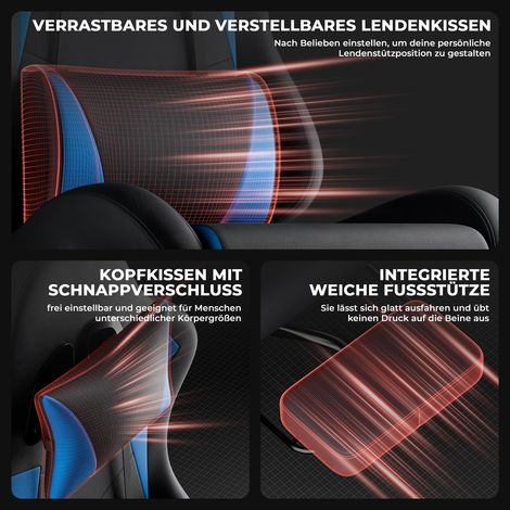 Fauteuil Gamer Ergonomique avec Coussin Lombaire et Appui-Tête, Chaise de Bureau Réglable en Hauteur, Siège Pc pour Adulte Fille Garçon, Noir Bleu (1/5)
