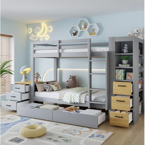 Litera gris 90x200 cm de madera con 2 cajones y estantería lateral OKWISH (1/5)
