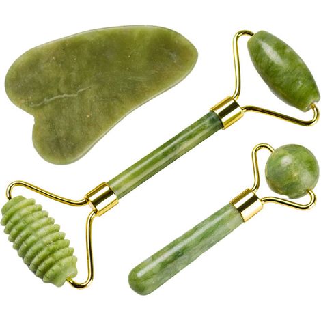 【3 PCS】Kits de Massage Jade Roller et Gua Sha, Rouleau Facial anti-âge Naturel pour Traitement des Poches des Yeux, Resserrement de la Peau, Rajeunissement du Visage(Vert)