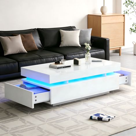 Couchtisch mit zwei Schubladen, Beistelltisch mit hochglänzender LED-Beleuchtung, Couchtisch, Sofatisch, Wohnzimmertisch, Kaffeetisch, weiß, moderner Stil, 100 x 50 x 35 cm
