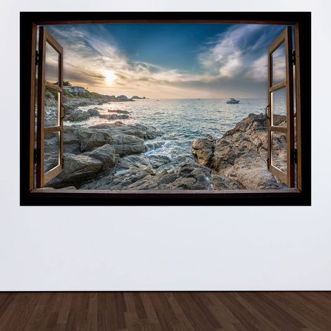 Stickers Trompe l'oeil fenêtre en bois - Vue mer - 90 x 135 cm (1/3)