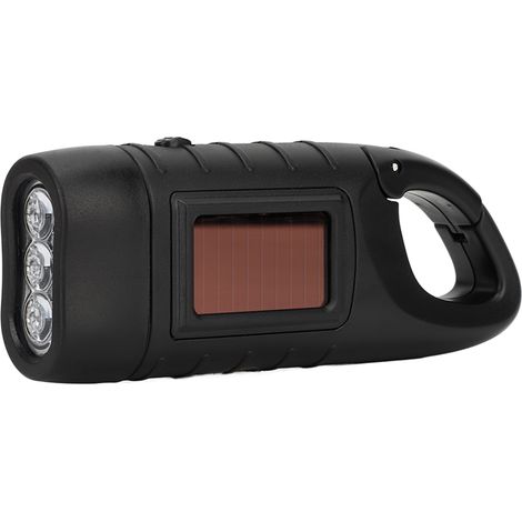 Lampe torche LED rechargeable solaire et manuelle, noir mat, équipement de survie, charge autonome par manivelle ou panneau solaire, lampe de poche d'urgence. (1/5)