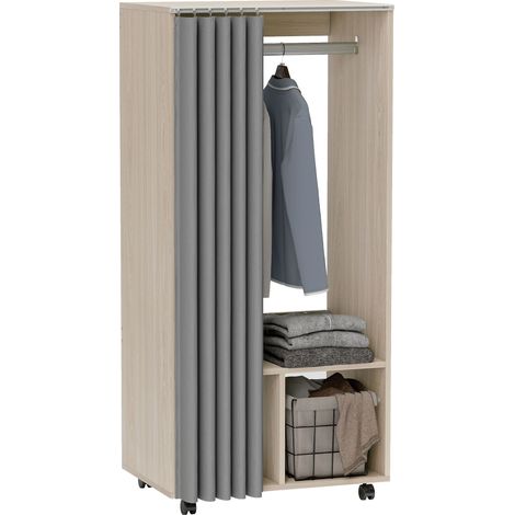 Armoire penderie - HOMCOM - avec rideau, 4 roulettes, tringle de suspension et étagères - 60 x 40 x 128 cm - effet bois naturel