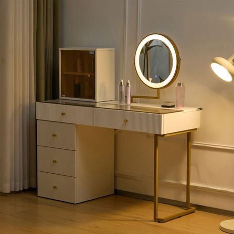 POCKETPOP Friseuse mit Spiegel und LED, 5 Aufbewahrungsschubladen, mit Schrank, modern elegant, Weiß