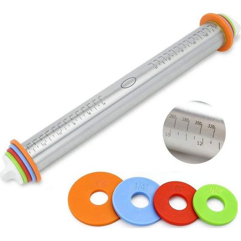 Rouleau à pâtisserie réglable – rouleau à pâtisserie en acier inoxydable, laminoir à pâte pour enfants, pour la cuisson de pâtes, biscuits, pizzas, pâtisseries et pâtes – avec 4 anneaux d'épaisseur ré (1/5)