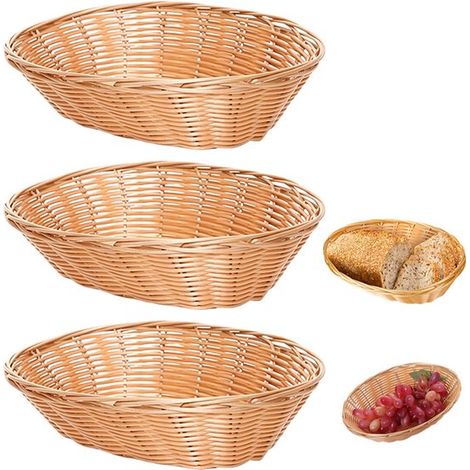 Lot de 3 paniers à pain – Paniers de service tressés en plastique pour pain, fruits et en-cas – Paniers tressés multifonctionnels – Organisateur de cuisine aspect rotin – Bois brun clair (1/5)