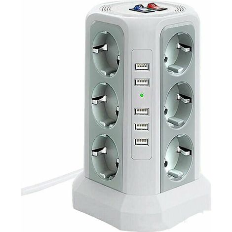 Tour multiprise parafoudre et surtension, Multiprise Electrique avec 5 Ports USB et 12 Prises, multiprise avec et 3 Interrupteurs, Blanc (1/4)
