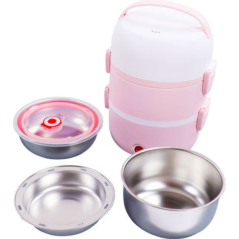Dreistöckige, beheizbare Lunchbox, multifunktionaler Reiskocher, Eierkocher, tragbare elektrische Lunchbox, 220 V, CE-zertifiziert, Rosa (1/5)