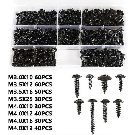 340 vis autoperceuses noires pour tôle, vis autotaraudeuses en acier inoxydable au carbone à tête plate (1/5)
