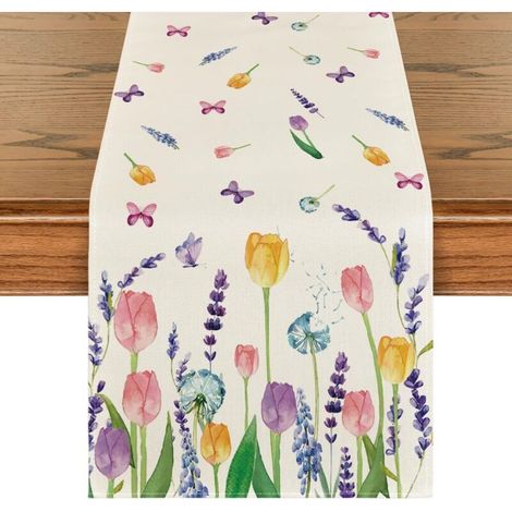 Chemin de table - Motif tulipe, lavande, été - Décoration saisonnière de table de cuisine, intérieur, vacances, fête - 33x 183 cm