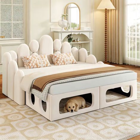 Grand Lit Double Capitonné 180x200 cm Velours, avec Niche pour Animaux Intégrée – Style Banquette, sommier à lattes et dossier inclus, Beige (1/5)