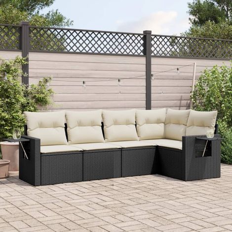 Salon de jardin 5 places en résine tressée noir avec coussins crème - Ensemble modulaire avec tables d'appoint (1/4)