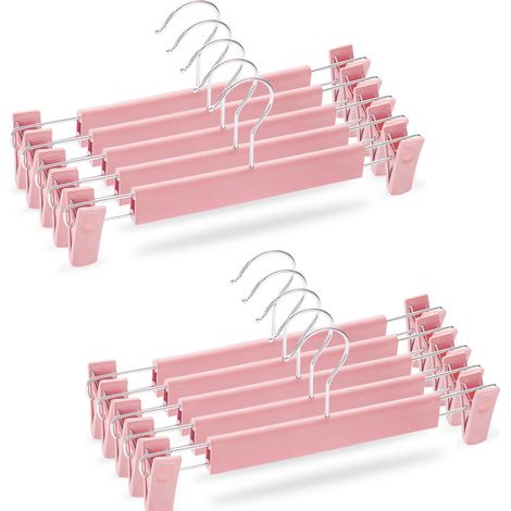 Juego de 10 perchas para pantalones, pinza para pantalones, percha antideslizante, correa para falda, pinza ajustable, gancho giratorio de 360°, color rosa.