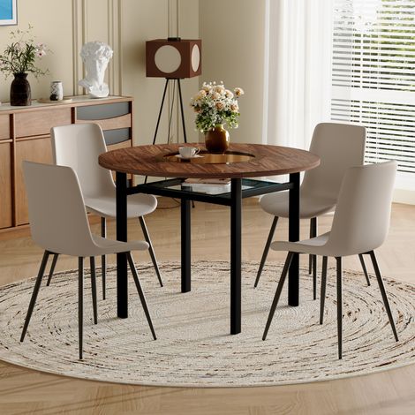 Ensemble de salle à manger rond MDF brun, verre et métal noir, table Ø100 cm avec 4 chaises en PU gris chaud (1/5)
