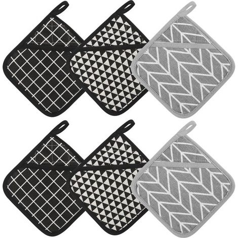 Set di 6 presine NTHProducts, resistenti al calore, nere e grigie, accessori da cucina, pratiche per cucinare e cuocere al forno, 17 x 17 cm (1/5)