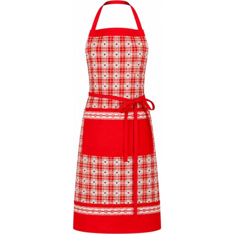 Tablier de cuisine à carreaux rouges avec motifs cœurs – Coton - 65x90cm - Rouge (1/2)