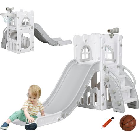 5 in 1 Toddler Slide with Basketball Hoop, Climber, Telescope, Storage Basket, for Ages 1-3 Years, Grey
