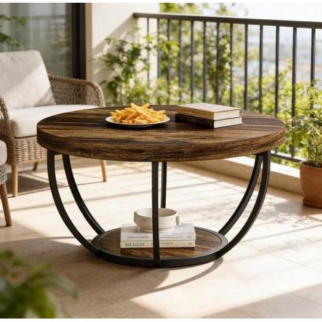 Table basse ronde rustique en bois et métal avec double niveau (1/5)