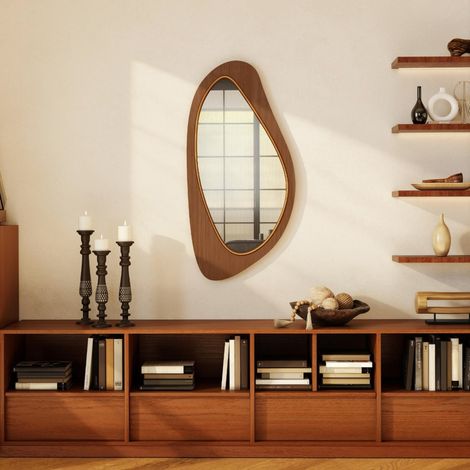 REDOM Espejo de pared 91.5x45x3 cm, líneas curvas decorativas, vidrio de 3.5 mm, marco de MDF con chapa de pino, madera natural