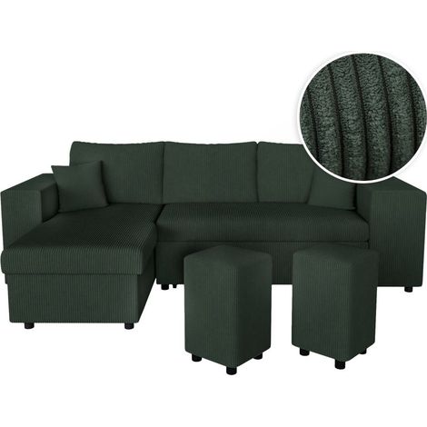 Canapé d'angle réversible MADY avec coffre, rangement poufs à droite en velours côtelé vert foncé (1/5)