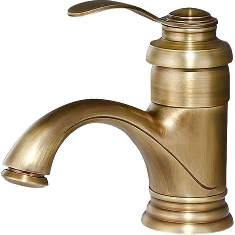 Grifo de lavabo de cobre con mango único y orificio único, arco bajo, montaje sobre encimera, grifo de agua caliente y fría (estilo antiguo, corto) (1/4)