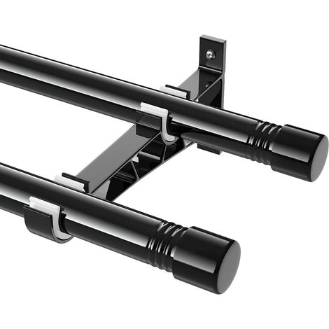 Tringles à Rideaux Double, 76-198cm Tringle à Rideau Extensible avec Boutons Cap avec Supports, Tringle à Rideaux Réglables en Acier Inoxydable de Quincaillerie Décorative pour Salon/Noir (1/5)