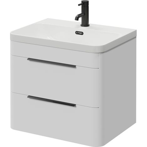 Oslo Gloss White 600mm Wall Mounted 2 Drawer Vanity Unit with Fina Basin - 600mm - Matt Black 300mm Finger Pull
