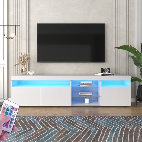 Mobile TV 180 cm, con LED, 3 porte di stoccaggio, 2 mensole in vetro, 3 scomparti aperti, finitura lucida, stile Scandinavo, mobile da soggiorno in legno - Bianco