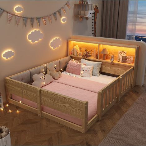 Letto bambino 140x200 cm con sponde, LED e contenitore, testiera imbottita, struttura stabile in legno - naturale (1/5)