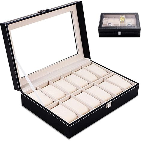 1 Boîte de rangement pour montres, 12 compartiments, Couvercle avec miroir, Coussin amovible, Fermeture en métal, Usage domestique (1/5)