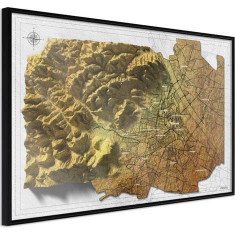 Affiche Murale Encadrée "Raised Relief Map Vienna" 45 x 30 cm Noir