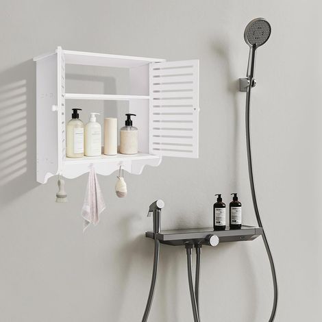 Armoire de salle de bain murale blanche - Petite armoire murale en PVC - Organisateur de rangement au-dessus des toilettes - Avec stores - Double porte - 2 niveaux - Étagère de rangement (1/5)
