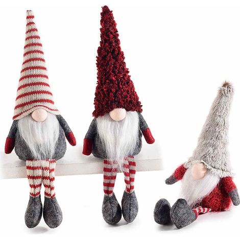 Babbo Natale / gnomo in stoffa con gambe lunghe e cappello modellabile, set da 3 pezzi, cm 9x6,5x23 H (capp.esteso)