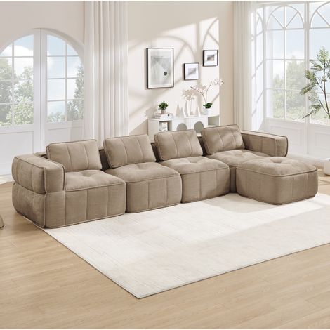 Sofá modular en L 344/162 cm color arena con puf, tapizado de poliéster (1/5)