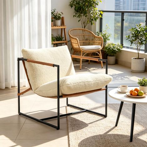 Fauteuil de salon en tissu Bouclette, Chaise d'appoint rembourrée avec grande assise et structure en acier stable pour salon (uniquement avec acier) (1/5)